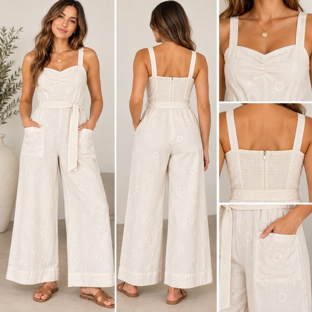 A Collective Story Linen Blend Wide-leg Jumpsuit Belted Embroidered Smoked Back